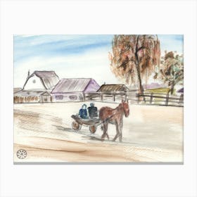 Rural Scene - hand painted watercolor horse village people nature Canvas Print