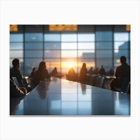 Blurred Silhouettes Of People Sitting At Tables In An Airport Terminal During Sunset, With Warm Light Streaming Through The Large Windows Canvas Print