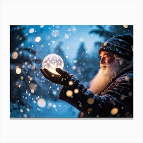 A Snowy Holiday Evening Time Scene Featuring A Man Holding A Luminous Orb That Glimmers With Encapsu (3) Canvas Print