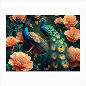 Bright Color Floral With Exotic Oriental Pattern Flowers And Peacocks 3 Canvas Print