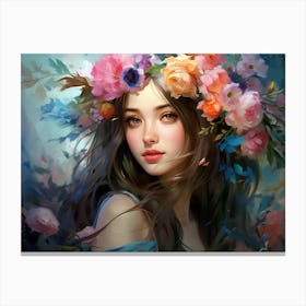 Upscaled An Oil Painting Of A Beautiful Woman With Flowers On Her 5 Canvas Print