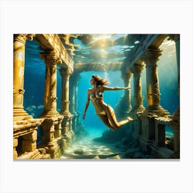 Woman swimming in gold underwater ruin 4 Canvas Print