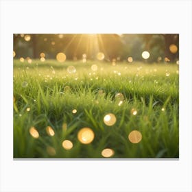 A Close Up Shot Of A Grassy Field At Sunset, With Water Droplets And Bokeh Effects 1 Canvas Print