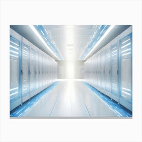 A Server Room With Rows Of Metal Servers Lined Up In A White Room With Blue Lights 1 Canvas Print