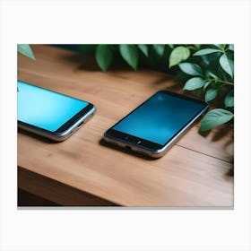 Two Smartphones With Blue Screens On A Wooden Table With Green Plants Canvas Print