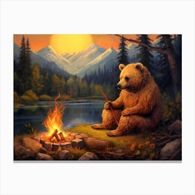 Bear By The Campfire 1 Canvas Print