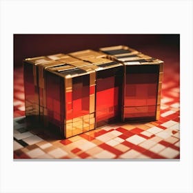 A 3d Model Of A Cube Composed Of Smaller Cubes, With A Red And Gold Color Scheme Canvas Print