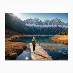 Woman trekking at snowy winter Alps, Rocky Mountains 3 Canvas Print