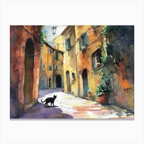 Black Cat In Cesena, Italy, Street Art Watercolour Painting 2 Canvas Print