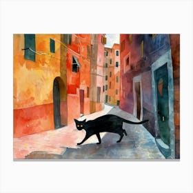 Black Cat In Genoa, Italy, Street Art Watercolour Painting 4 Canvas Print