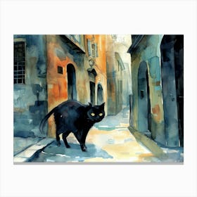 Black Cat In Turin, Italy, Street Art Watercolour Painting 4 Canvas Print