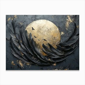 3d Features a Dark Gray Background, Golden and Black Feathers Moon Canvas Print