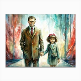 Father And Daughter Holding Hands In Watercolor Style Canvas Print