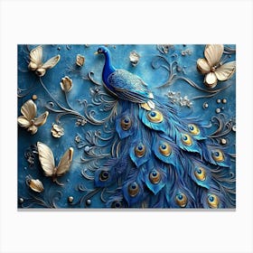 3d Artwork Background Blue Peacock Art With Butterfly Canvas Print