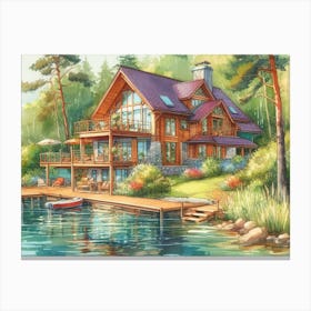 House On The Lake AI watercolor Canvas Print
