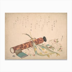 Still Life Double Cherry Blossom Branch, Telescope, Sweet Fish, And Tissue Case, Katsushika Hokusai Canvas Print