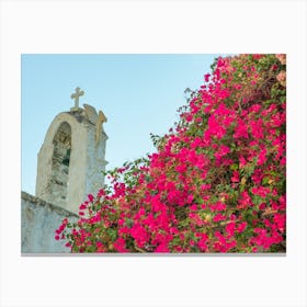 Greek Church And Pink Bougainvillea Flowers Canvas Print