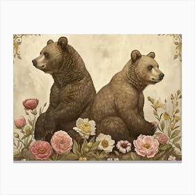 Floral Animal Illustration Brown Bear 2 Canvas Print