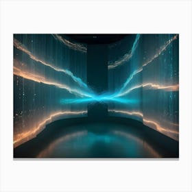 An Empty, Futuristic Room With A Curved Screen Displaying A Dynamic, Blue Data Stream Canvas Print