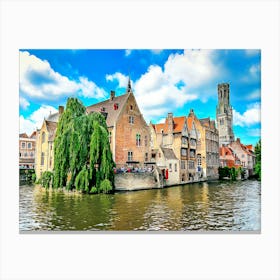 Historical View Of Old Bruges Belgium And Canals From Rozenhoedkaai With View Of Belfry Of Bruges Canvas Print