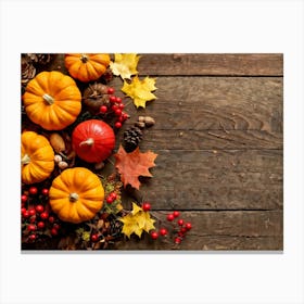 Autumn Themed Table Decor Featuring An Assortment Of Yellow And Orange Leaves Acorns Amidst A Garde (7) Canvas Print