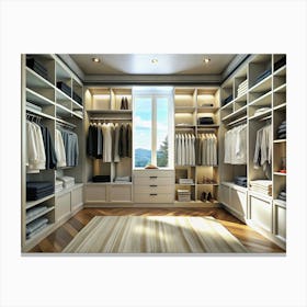 A Spacious Walk In Closet With A Window, Filled With Organized Clothes And Shoes, Featuring A Modern And Minimalistic Design Canvas Print