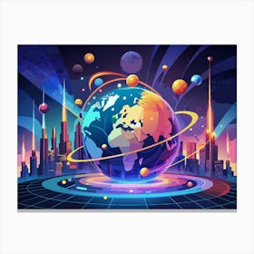 Futuristic City With Globe Display And Neon Lights Canvas Print