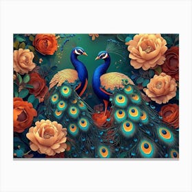 Colorful Floral with Exotic Oriental Pattern Flowers and Peacocks Canvas Print