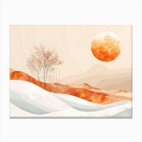 Abstract Minimalist Landscape Painting Of Snow Covered Hills Leafless Trees And A Large Orange Sun Canvas Print