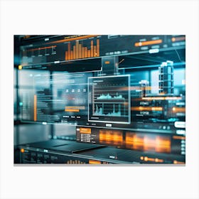 Multiple Digital Screens Display Stock Charts, Data Visualizations, Code, And Architectural Plans Canvas Print