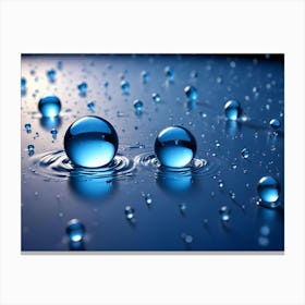 A Macro Shot Of Two Large Water Droplets On A Blue Surface With Smaller Droplets Scattered Around Canvas Print