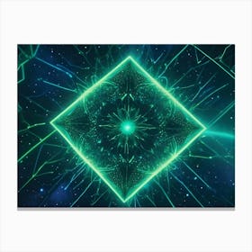 Abstract Image Of A Glowing Green Geometric Shape, Resembling A Crystal Or A Prism, Set Against A Dark Background With A Starry Sky Canvas Print