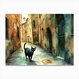 Black Cat In Siena, Italy, Street Art Watercolour Painting 3 Canvas Print
