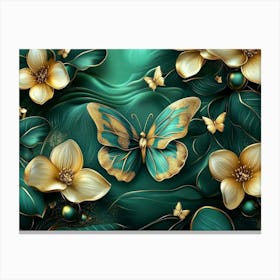 3d Abstract Floral Background With Green Flowers And Golden Butterfly Painting Canvas Print