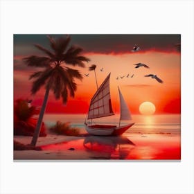 Serene Beach Scene With Palm Trees Canvas Print