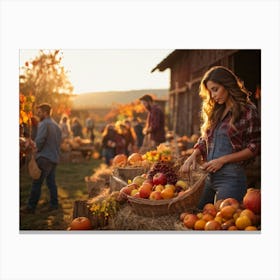 Autumn Harvest Festival On A Rustic Farm Overflowing Baskets Of Ripe Autumn Fruits Including Apple (1) Canvas Print