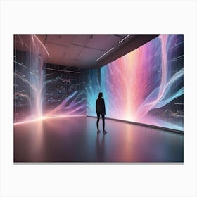 A Woman In A Dark Coat Stands In A Futuristic, Neon Lit Room With A Large Screen Displaying Abstract, Colorful Patterns Canvas Print