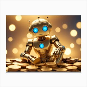 A Golden Robot Sitting On A Pile Of Gold Coins With A Bokeh Background Canvas Print