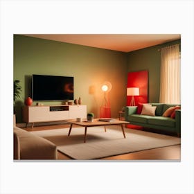 Modern Living Room Interior With Green Walls, A Comfortable Sofa, And A Large Tv Screen Canvas Print