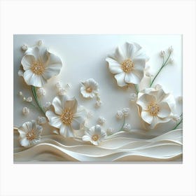 3d Artwork Illustration White And Blue Background With Golden Jewelry And Flowers Painting Canvas Print