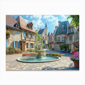 French Village Square With Cobblestone Streets, Ornate Fountains, And Blooming Flowers Lienzo