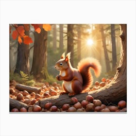 Red Squirrel Sitting On A Log Surrounded By Acorns In A Forest 11 Canvas Print