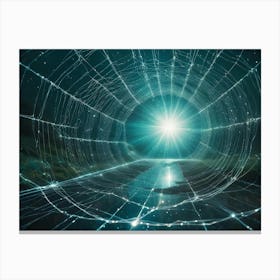 A Beam Of Bright, Ethereal Light Shines Through A Tunnel Like Opening At The End Of A Path Covered In A Giant, Sparkling Spiderweb, Creating A Mystical And Alluring Atmosphere Canvas Print