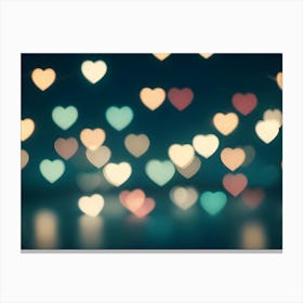 A Blurred Background Of Out Of Focus, Heart Shaped Lights In Various Colors (Pink, Blue, Yellow, Orange) Against A Dark Teal Backdrop Canvas Print