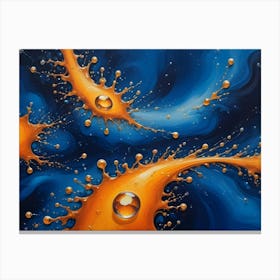 Abstract Art Depicting A Cosmic Scene With Bright Yellow Splashes Of Paint Or Liquid On A Blue Background With Swirls Of Blue, Green, And Purple Canvas Print