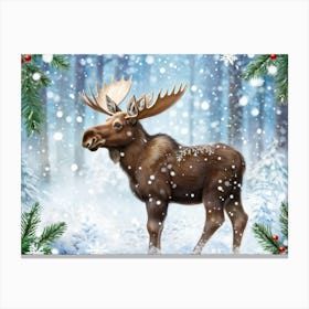 Scandinavian Art Illustration Depicting Baby Moose In Snowy Clearing Antlers Festooned With Twinkli Canvas Print