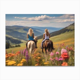 Two Women Riding Horses In The Mountains Canvas Print