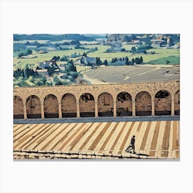 The Cloister and Countryside of Assisi. A serene view of the stone arches of Assisi's cloister, leading the eye to the verdant Umbrian countryside in the background. The combination of medieval architecture and rolling green hills evokes a sense of timeless beauty and tranquility. 1 Canvas Print