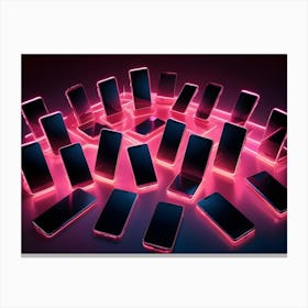 Multiple Smartphones With Black Screens Sit In A Circle On A Dark, Reflective Surface With Glowing Pink Lines Canvas Print