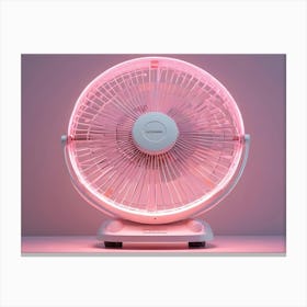 An Image Of A White, Electric Fan With Pink Led Lights Against A Light Pink Background Canvas Print